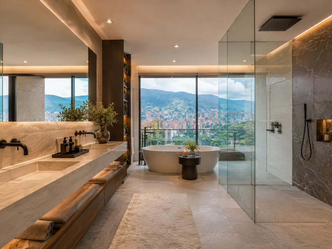 Baño principal en un apartamento de Medellín: mesón corrido en piedra con dos lavamanos, tina exenta junto al ventanal y ducha tras mampara de vidrio