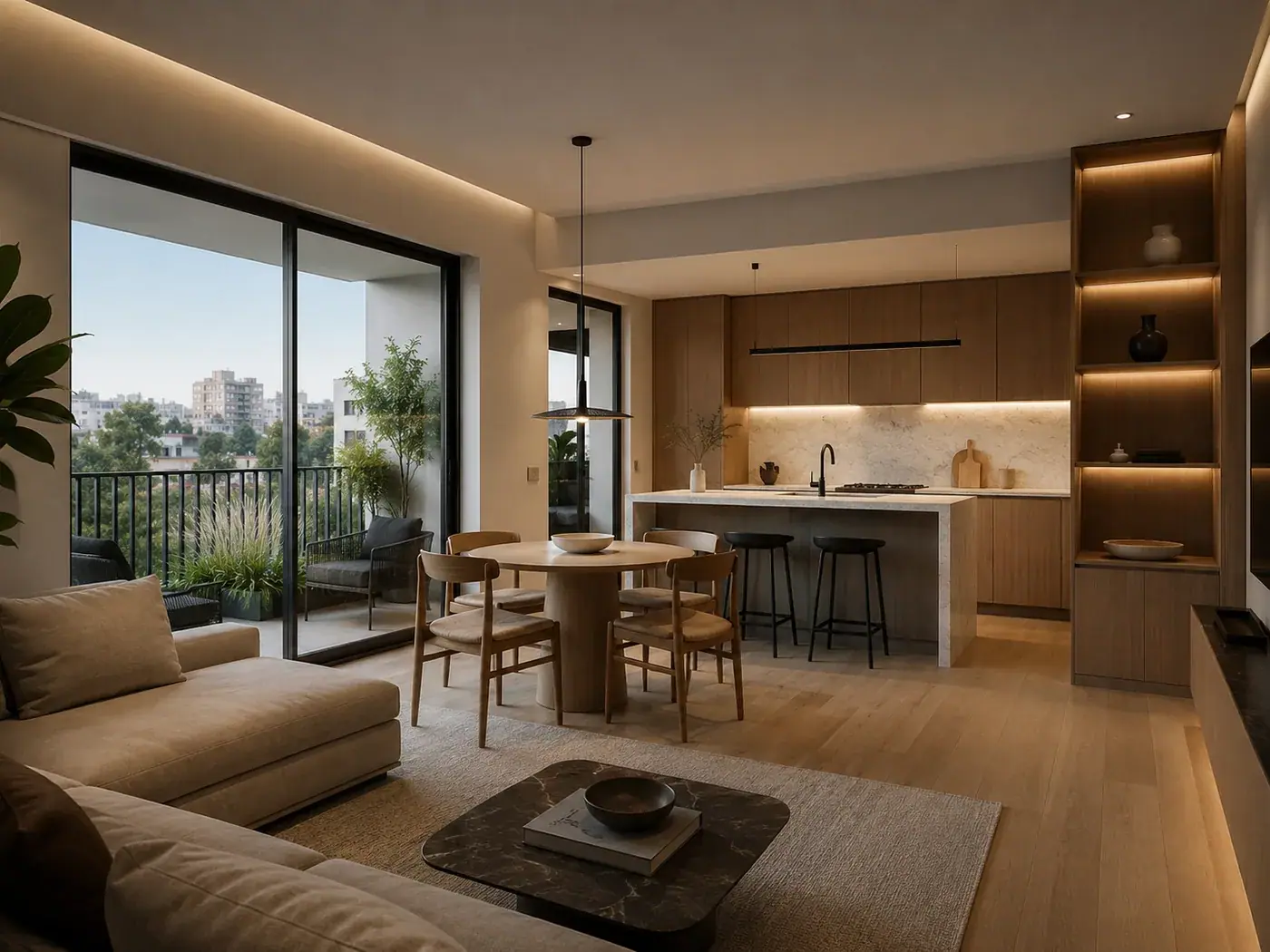 Sala y comedor de un apartamento remodelado en Medellín, abiertos al balcón y con estantería iluminada en madera