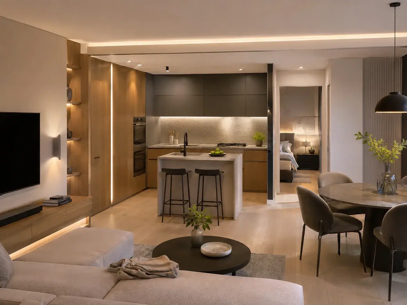 Zona social de un apartamento remodelado en Medellín, con cocina abierta en roble e isla en piedra y la alcoba al fondo