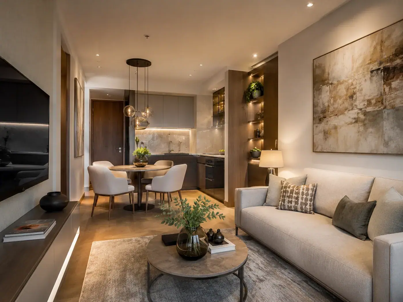 Sala y comedor de un apartamento compacto remodelado en Medellín, con televisor embutido en el mueble y cocina al fondo
