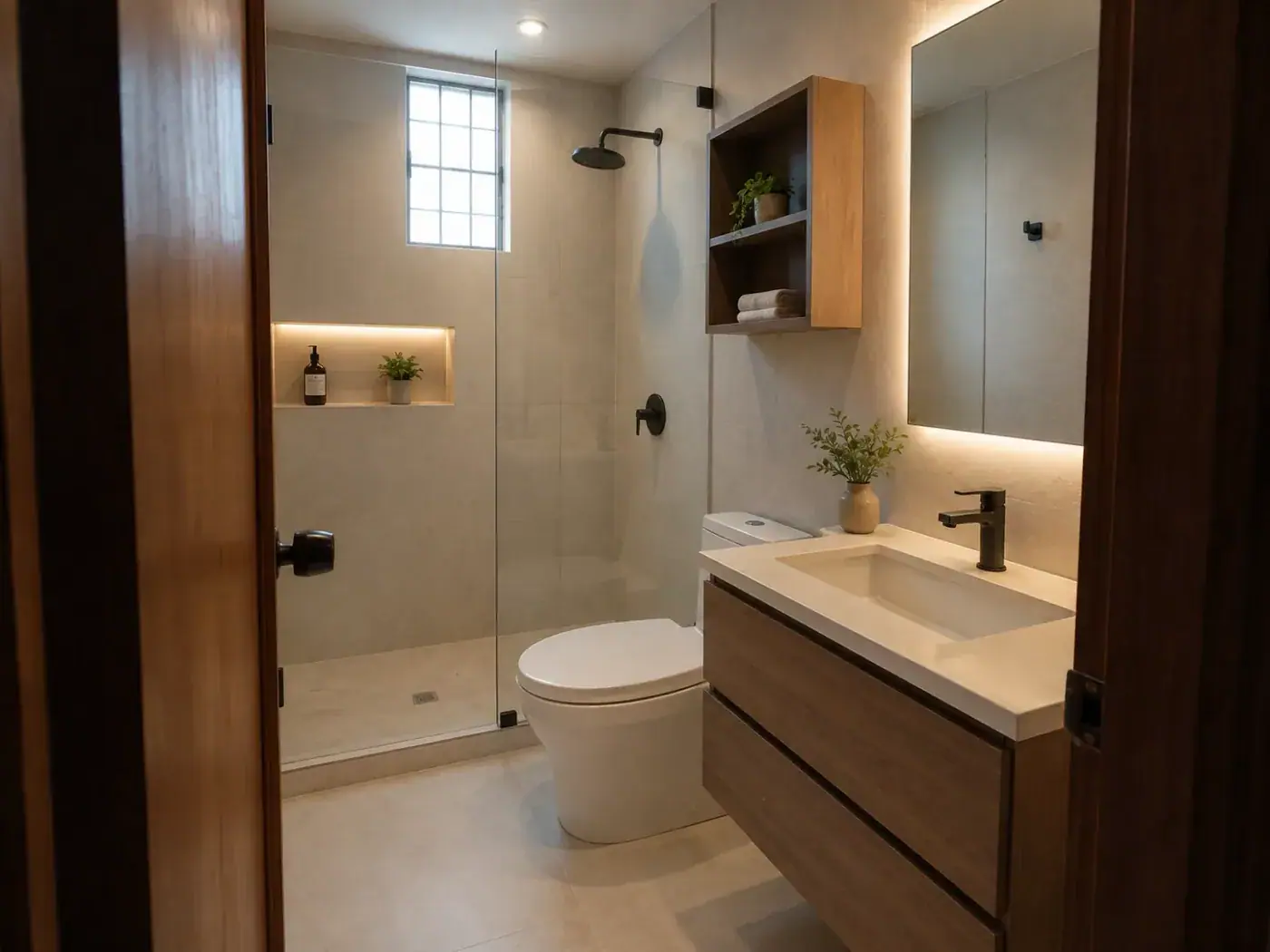 El mismo baño después: ducha a nivel con mampara de vidrio, nicho iluminado, estante de madera y espejo retroiluminado