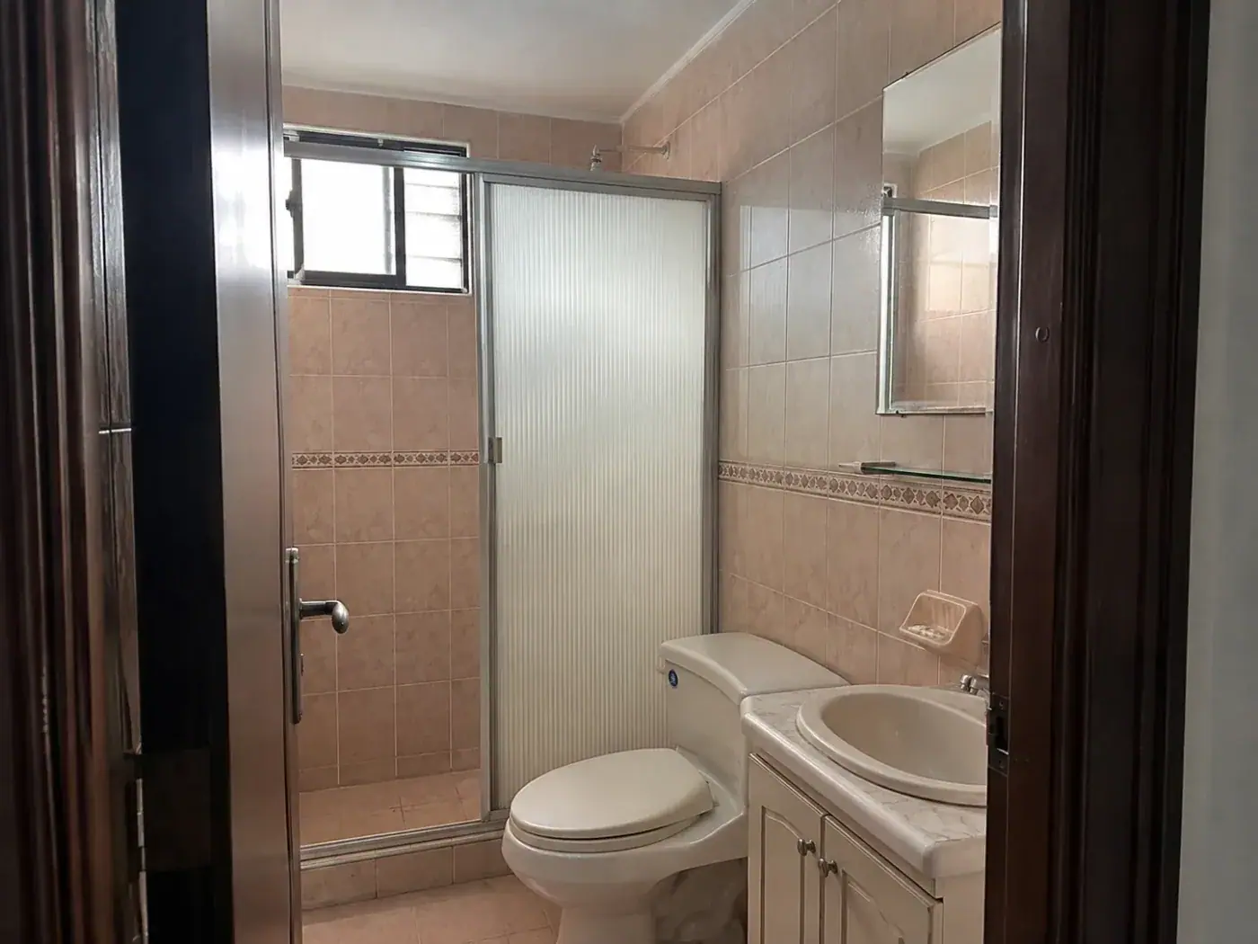 Baño antes de la remodelación: enchape rosado, puerta corrediza de vidrio corrugado y espejo pequeño sin marco