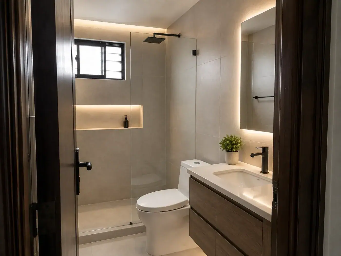 El mismo baño después: ducha con mampara fija de vidrio, nicho iluminado, espejo retroiluminado y mueble flotante en madera