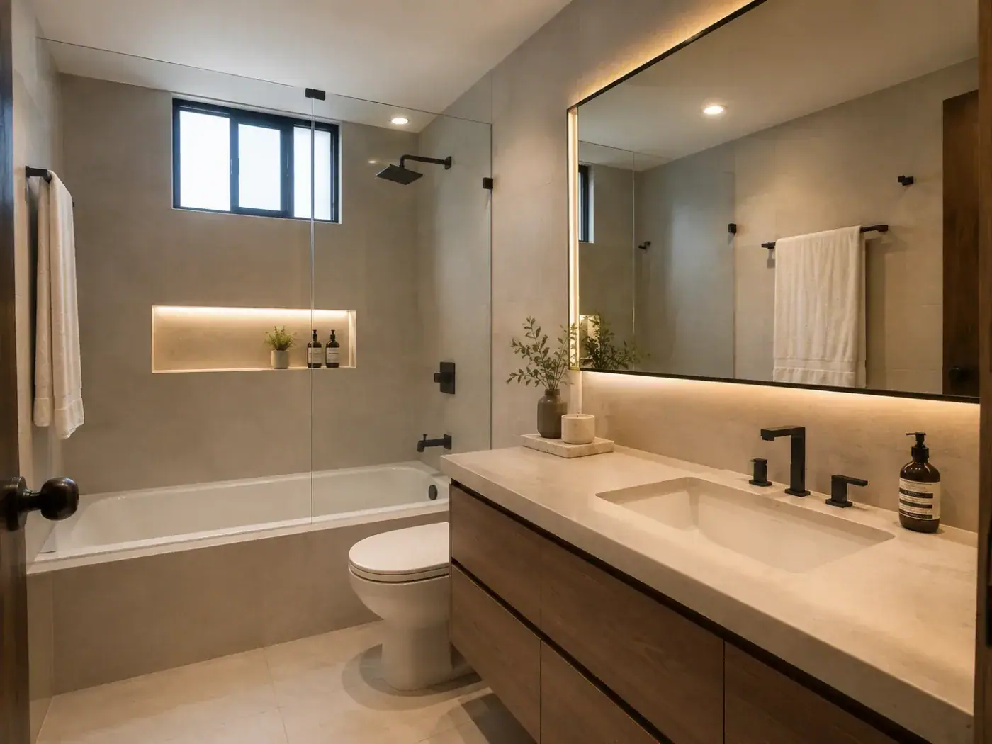 El mismo baño después: enchape de gran formato, mampara fija de vidrio, nicho iluminado, mueble flotante en madera y grifería negra