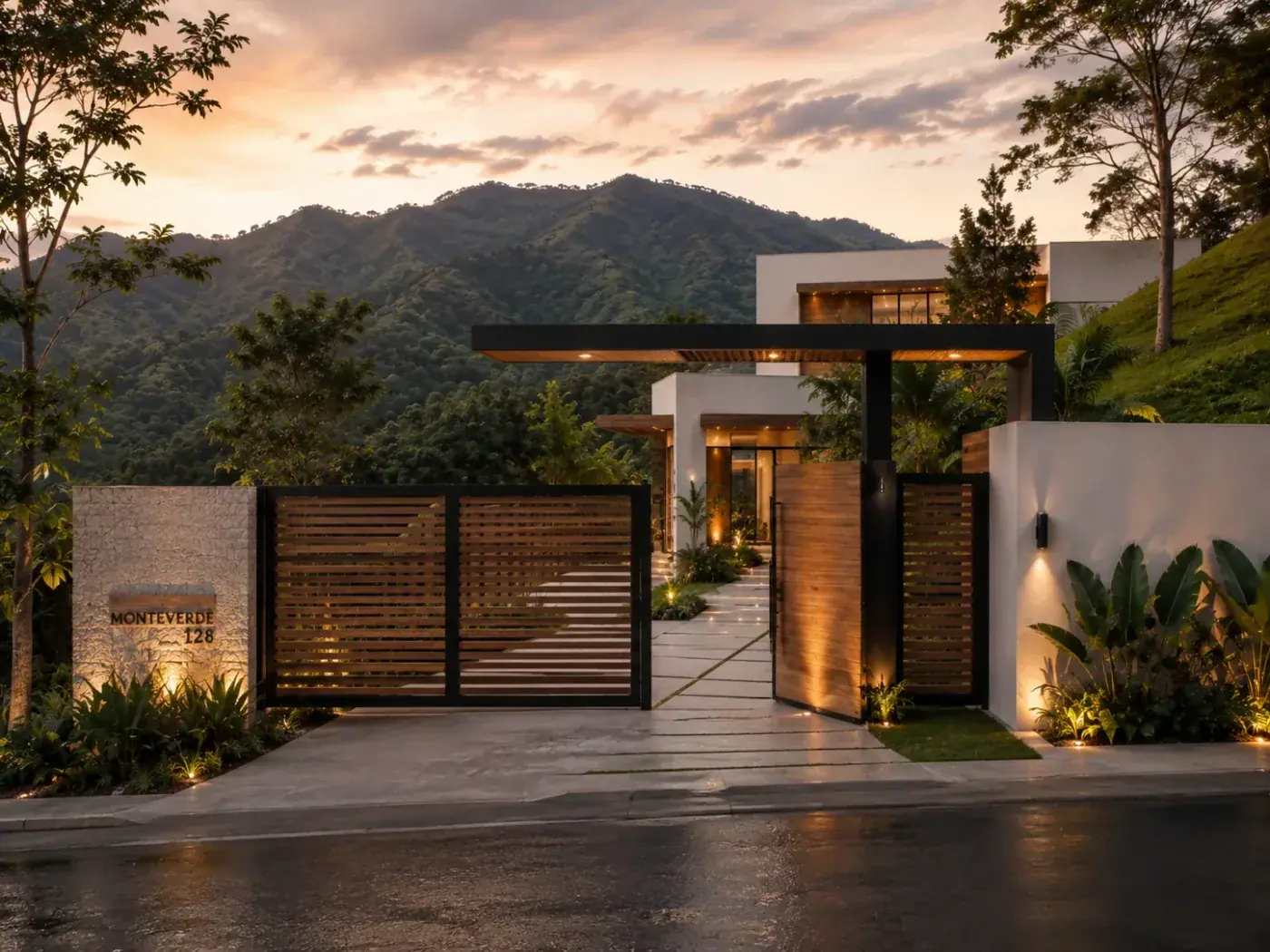 Casa Modelo Medellín: acceso principal al atardecer