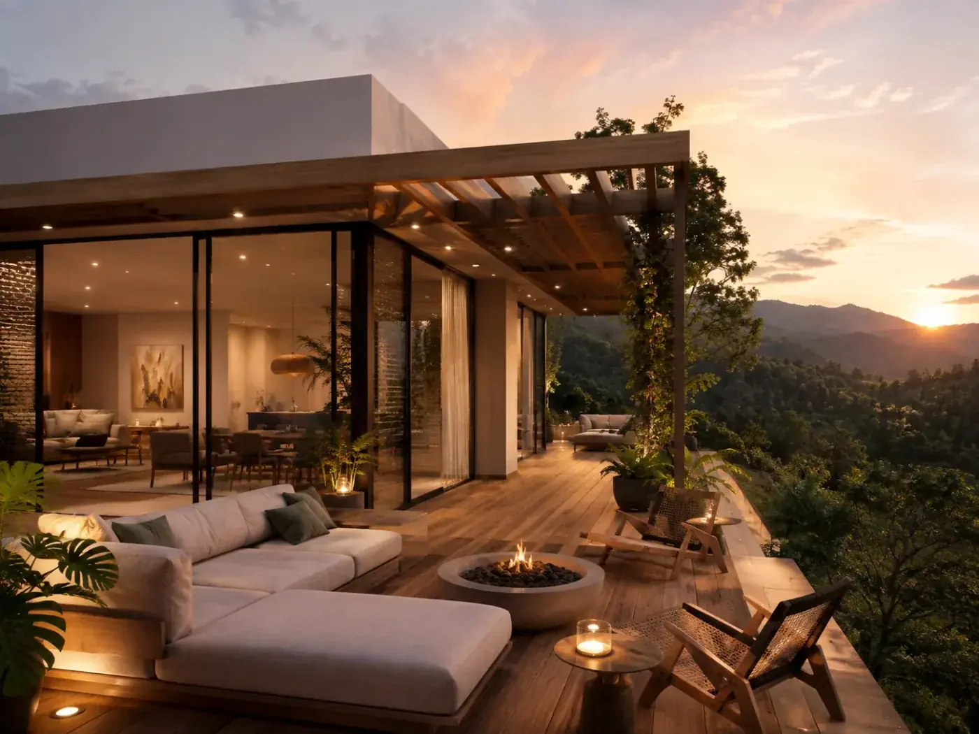 Casa Modelo Medellín: terraza con fogata al atardecer