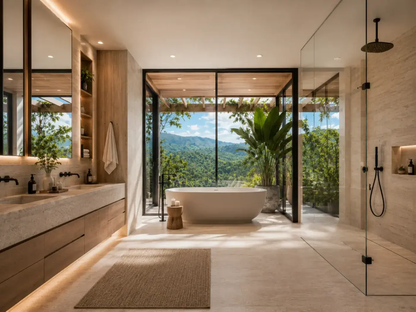 Casa Modelo Medellín: baño principal con tina y vista al valle