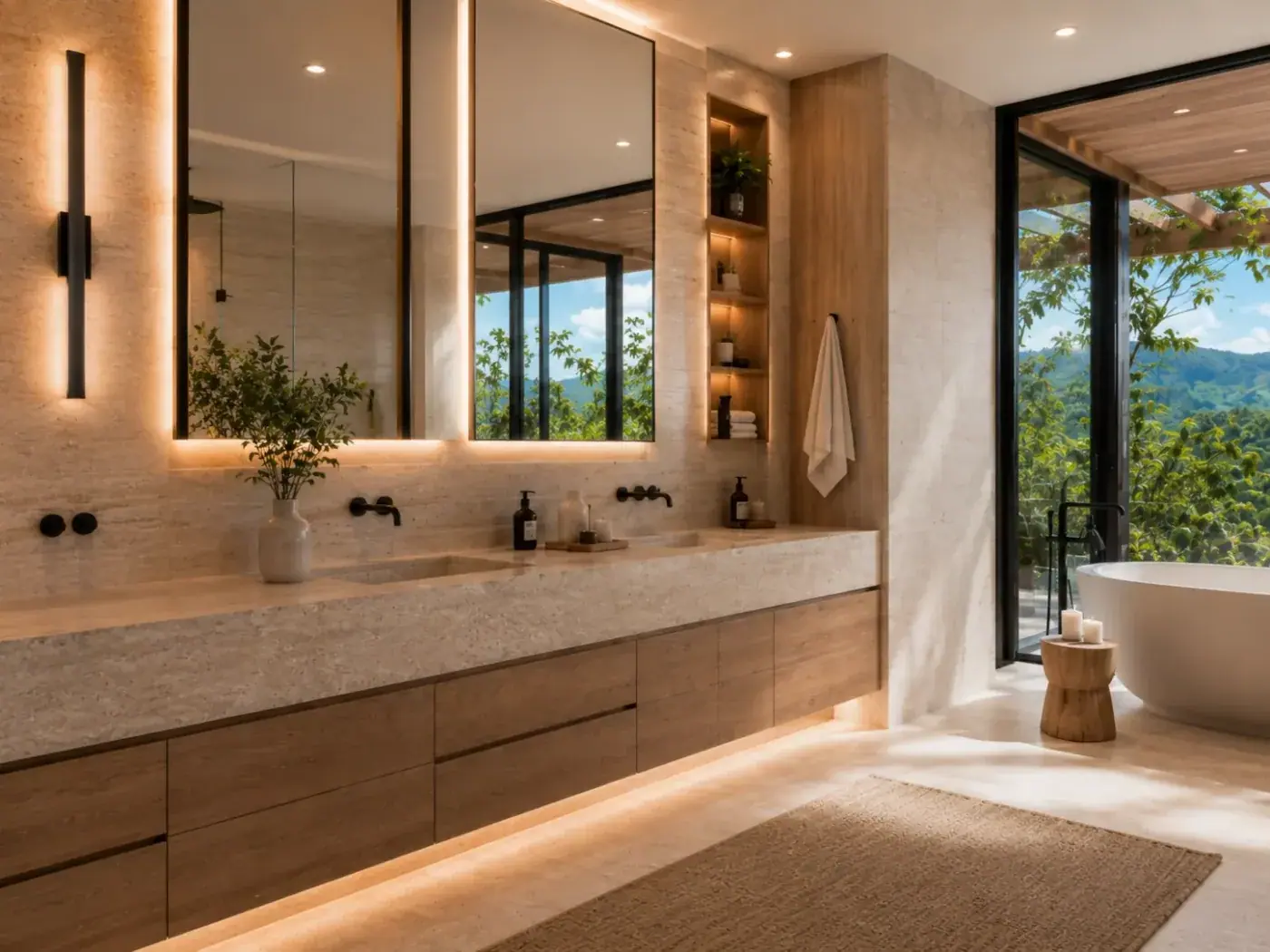 Casa Modelo Medellín: baño con doble lavamanos en piedra