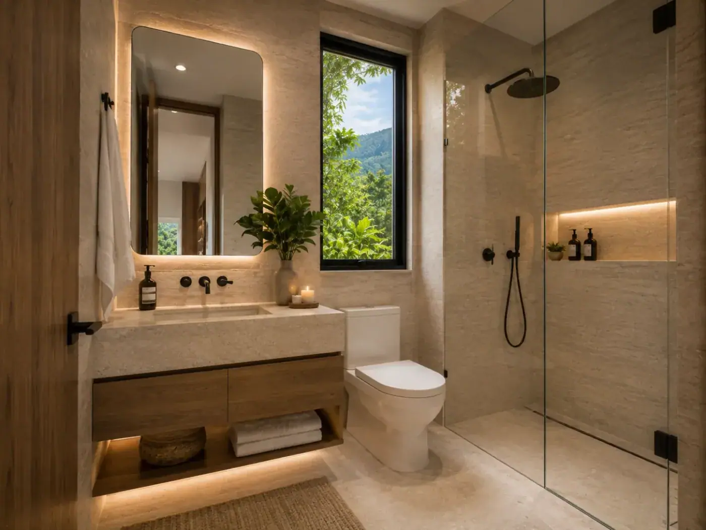 Casa Modelo Medellín: baño con ducha a nivel y ventana al bosque