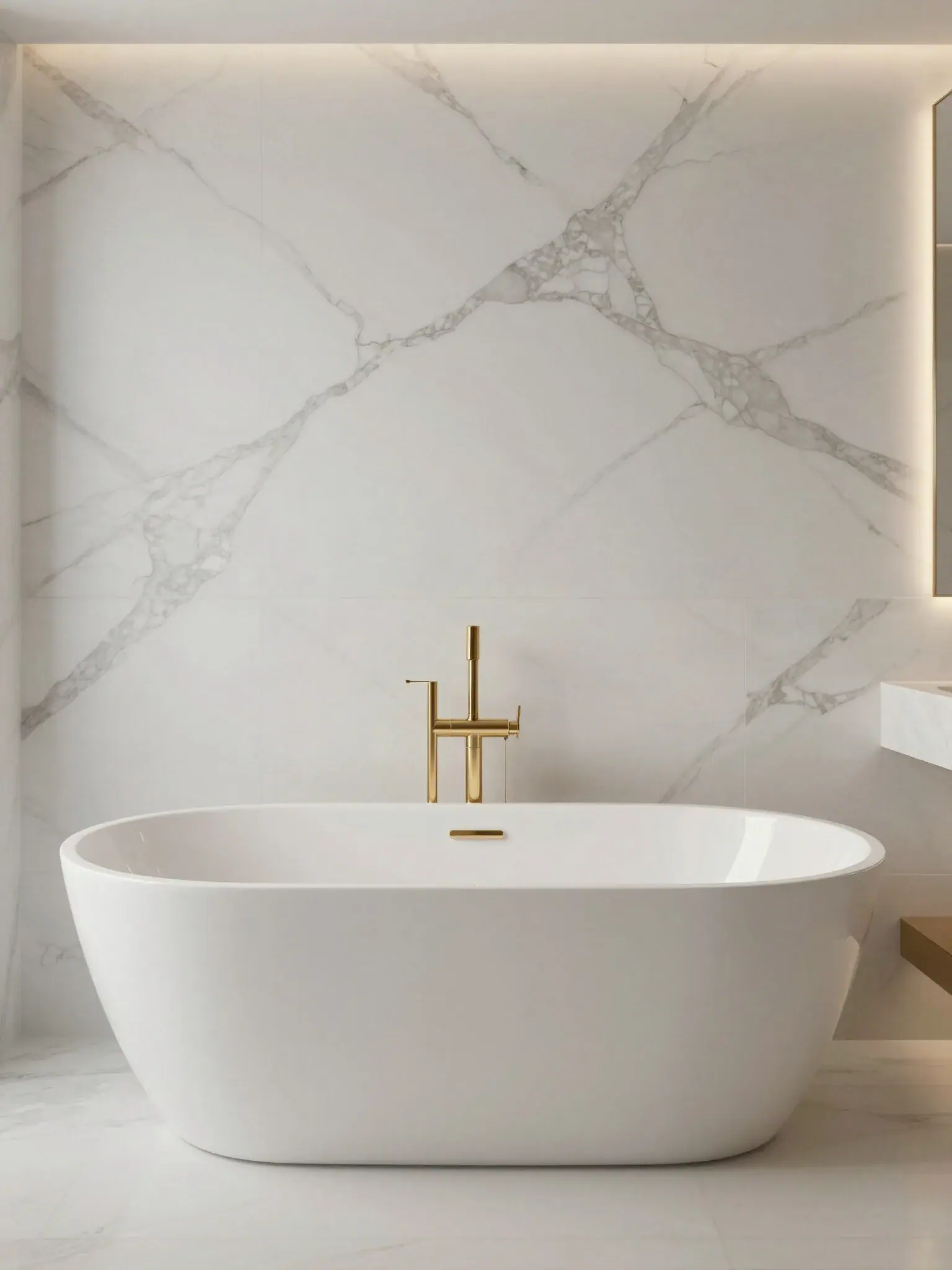 Freestanding tub against a single marble slab