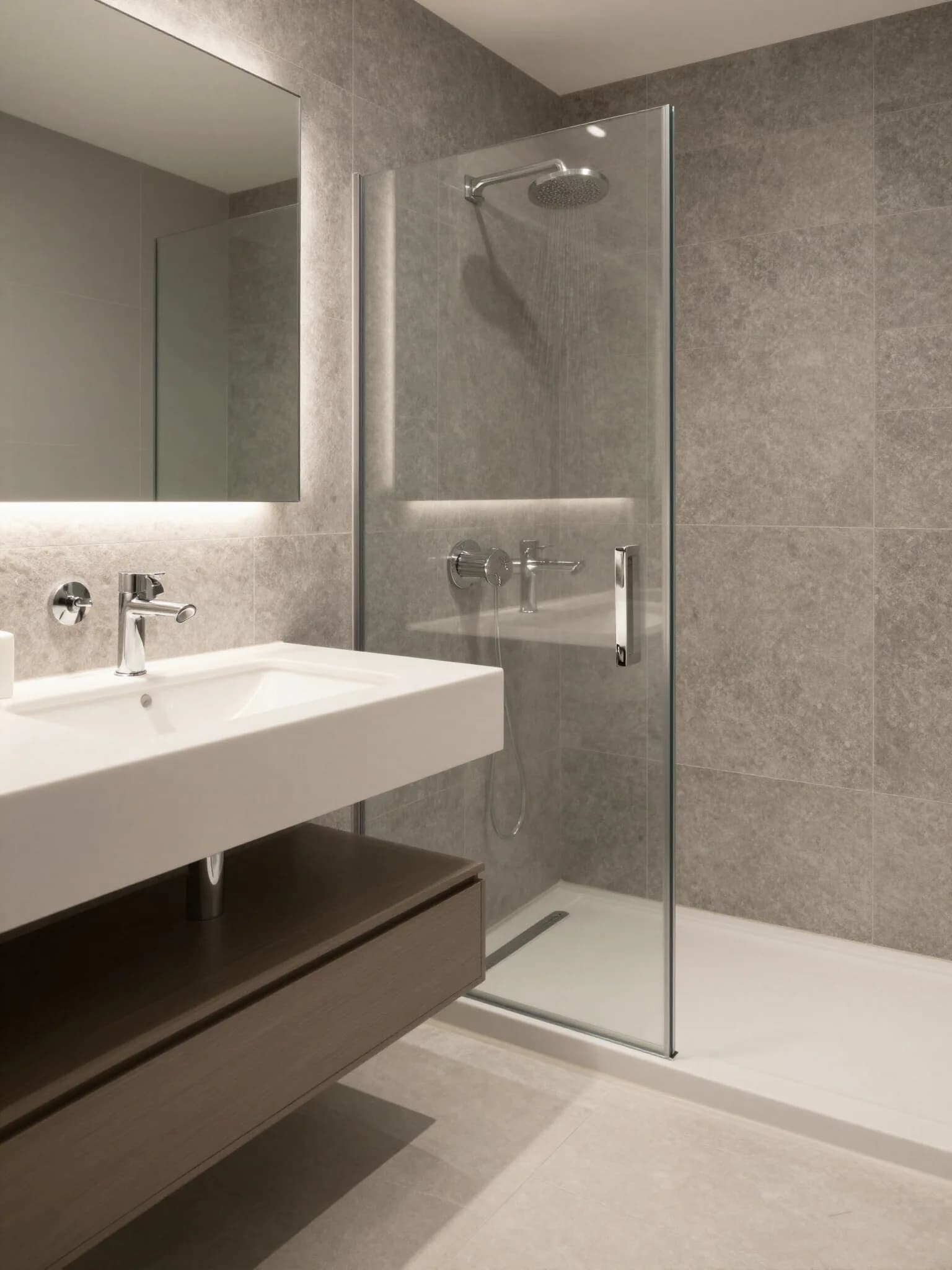 Baño principal remodelado con piedra natural y ducha de vidrio