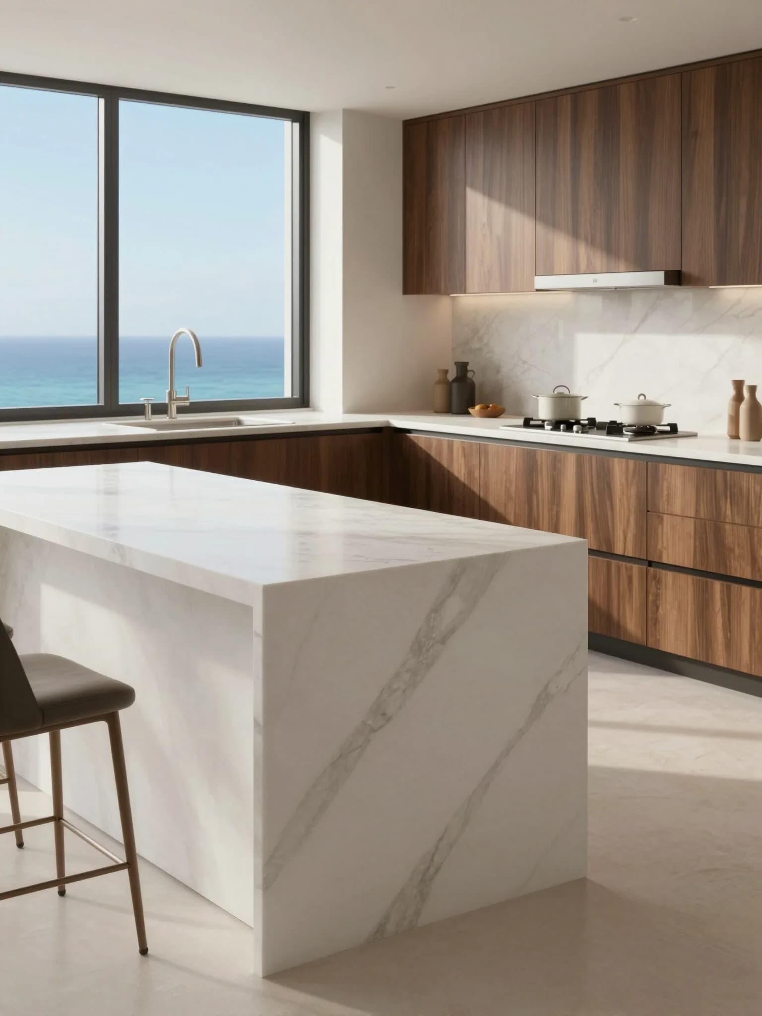 Isla de cocina con encimera de piedra en cascada