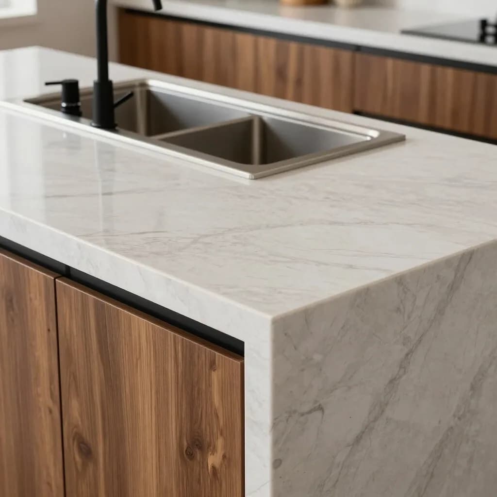 Cocina con salpicadero de piedra y electrodomésticos integrados