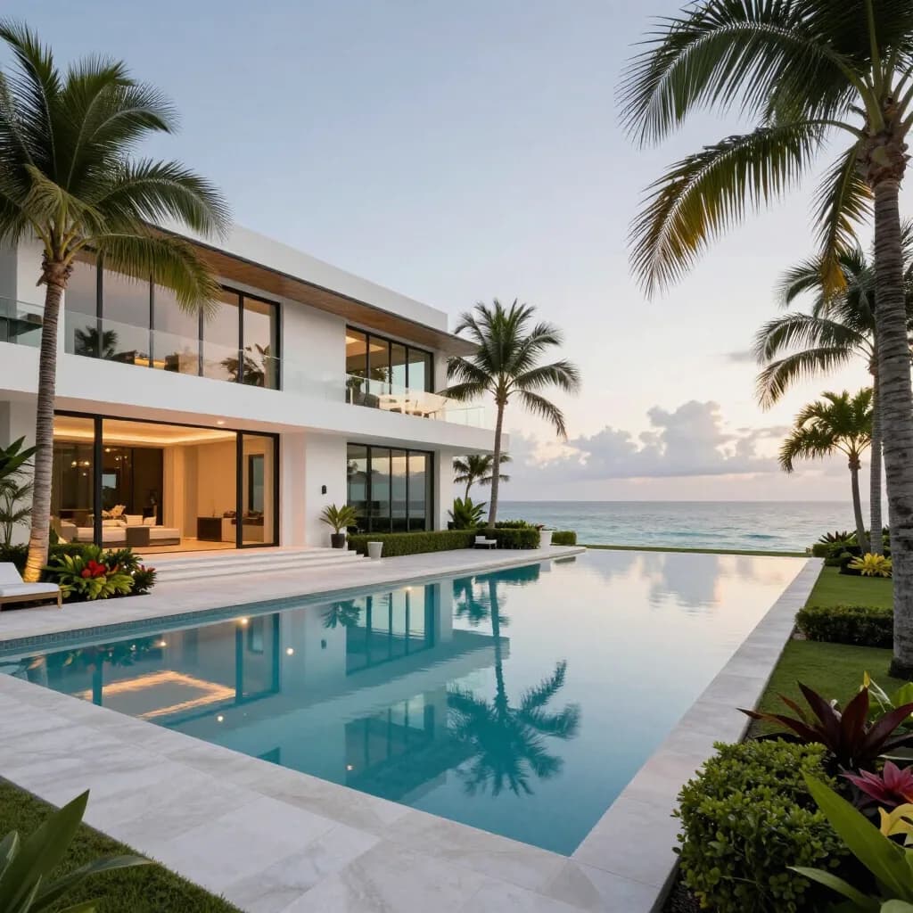 Residencia frente al agua con piscina al atardecer